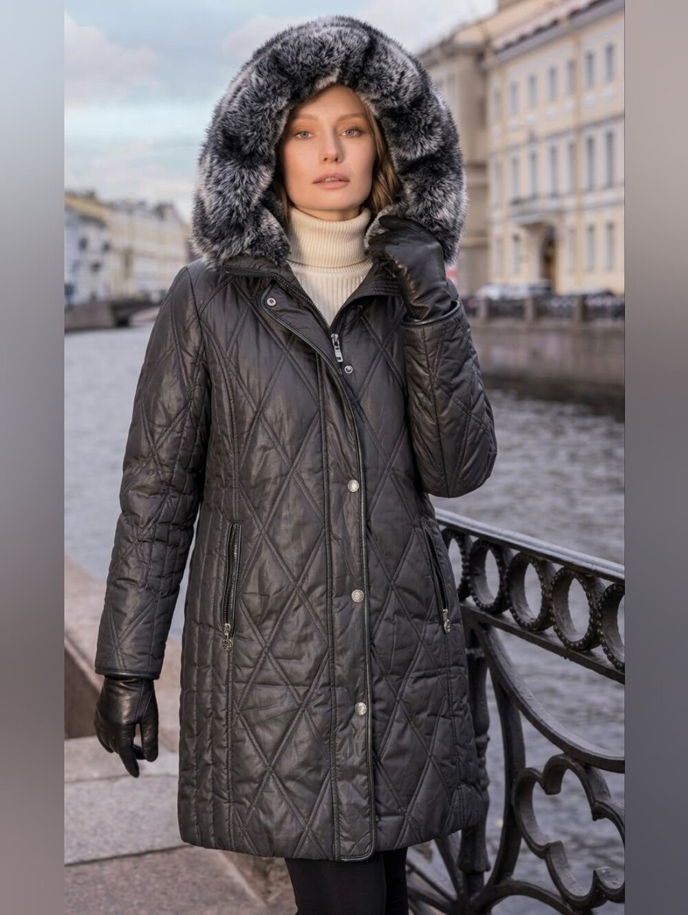 Fennelli Women's Black Quilted Full Zip Minimalist Capsule Hooded Winter Coat 16